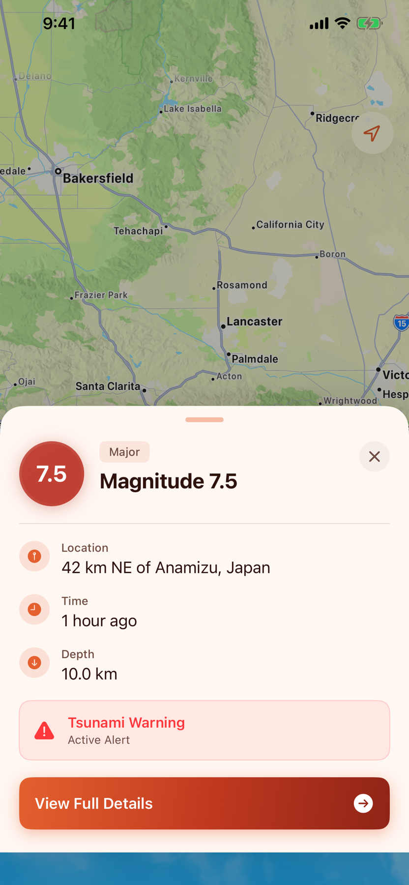 Terremoto earthquake overlay showing a tsunami warning and event details