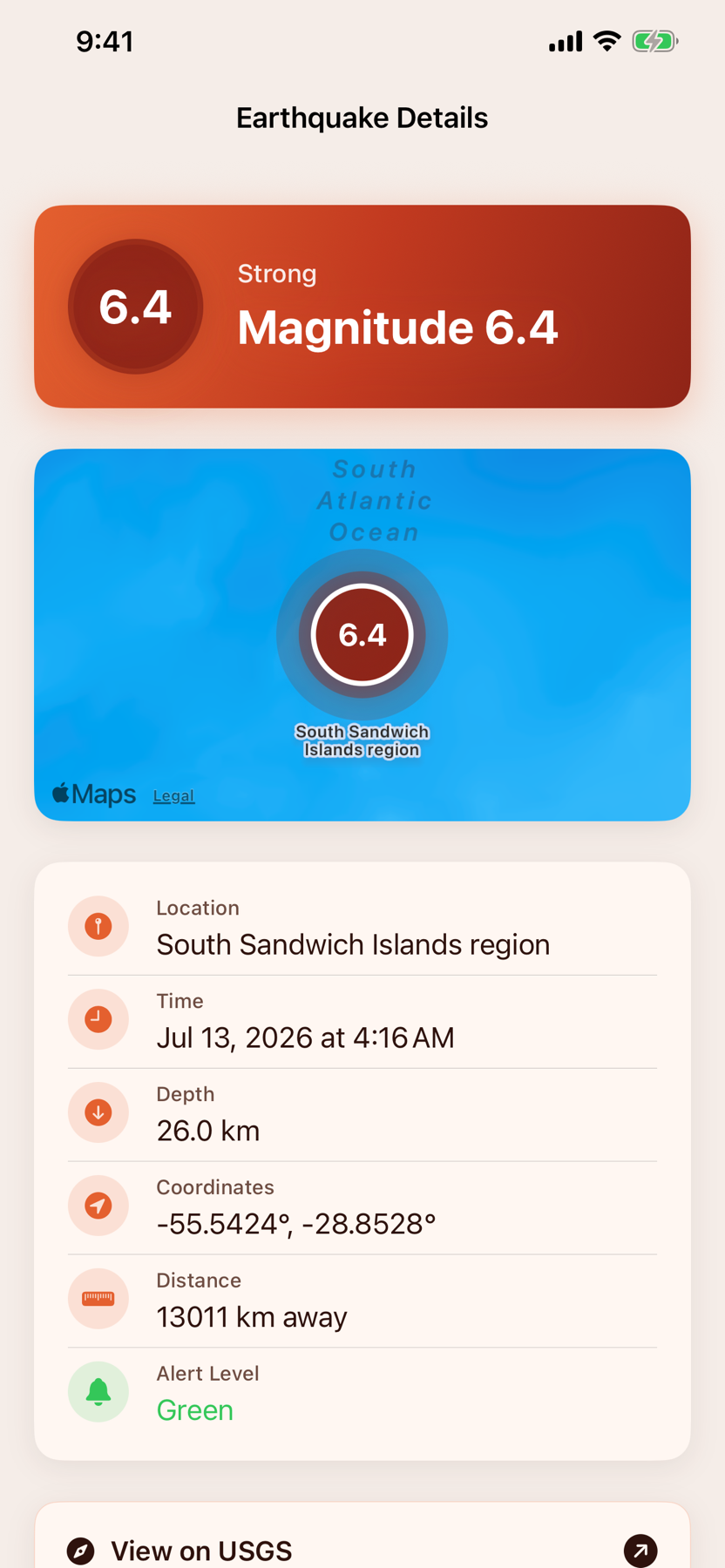 Terremoto event detail screen with magnitude, map, depth, coordinates, and alert level