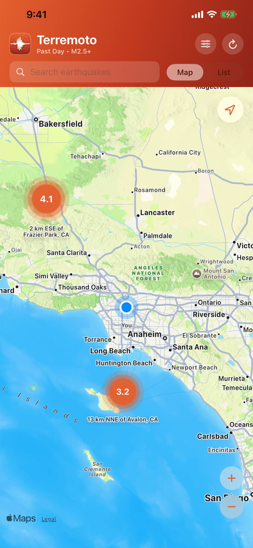 Terremoto map centered near Los Angeles with magnitude markers