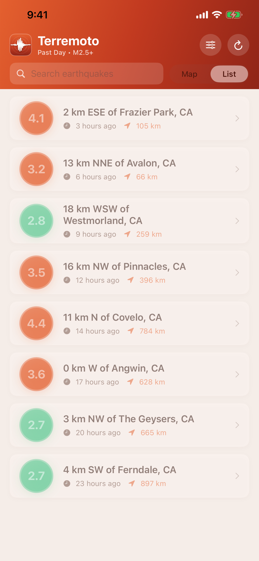Terremoto list of nearby earthquakes with magnitudes, times, and distances